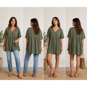 ASOS Olive Button-Front Relaxed V-Neck Tunic